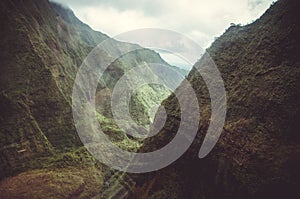 Aerial view and approximation to Waialeale volcano in Kauai, US