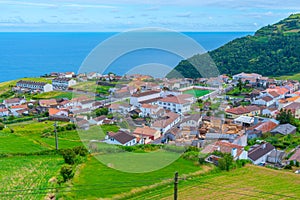 Aerial view of Aqua Retorta town at Sao Miguel island, Azores Po