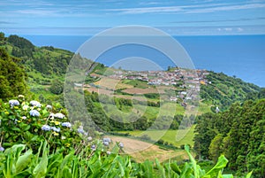 Aerial view of Aqua Retorta town at Sao Miguel island, Azores Po
