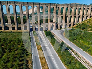 Aerial view. The Aqueduct of Vanvitelli, Caroline. Valle di Maddaloni, near Caserta Italy. 17th century. Large stone structure for