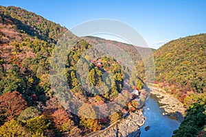 Aerial view of arashiyama, kyoto, japan in autumn