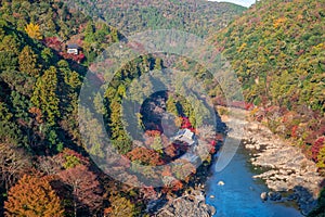 Aerial view of arashiyama, kyoto, japan in autumn