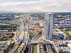 Aerial view of Arch bridge on Speer boulevard and Denver city