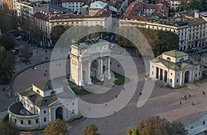 Aerial view of arch peace Arco Della Pace from Branca tower, Milan, Lombardy, Italy