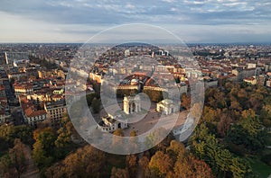 Aerial view of arch peace Arco Della Pace from Branca tower, Milan, Lombardy, Italy