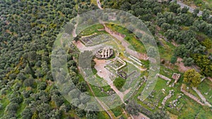 Aerial view of archaeological site of ancient Delphi, site of temple of Apollo and the Oracle, Greece