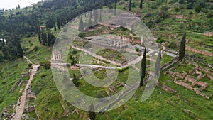 Aerial view of archaeological site of ancient Delphi, site of temple of Apollo and the Oracle, Greece