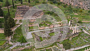 Aerial view of archaeological site of ancient Delphi, site of temple of Apollo and the Oracle, Greece