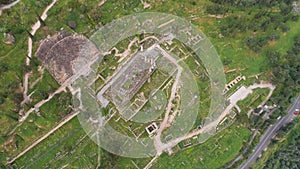 Aerial view of archaeological site of ancient Delphi, site of temple of Apollo and the Oracle, Greece