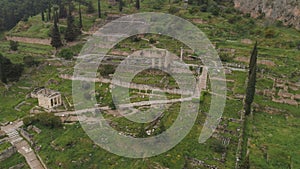 Aerial view of archaeological site of ancient Delphi, site of temple of Apollo and the Oracle, Greece