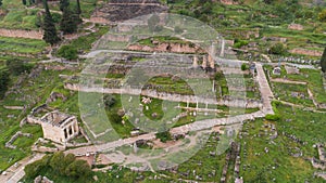 Aerial view of archaeological site of ancient Delphi, site of temple of Apollo and the Oracle, Greece