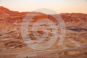 Aerial view of archaeological site in Valley of The Kings with temple of Pharaoh Hatshepsut