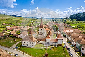 Aerial view of Archita fortified saxon church in Transylvania, Romania