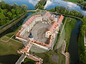 Aerial view of architectual monument, Nesvizh castle in Belarus.