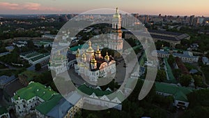 Aerial view architecture Kiev Pechersk Lavra on evening city landscape