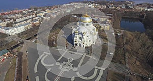 Aerial view. The architecture of Naval cathedral of Saint Nicholas in Kronstadt. Shot in 4K ultra-high definition UHD .