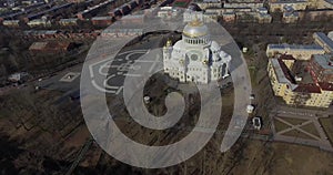 Aerial view. The architecture of Naval cathedral of Saint Nicholas in Kronstadt. Shot in 4K ultra-high definition UHD .