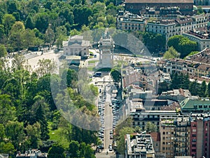 Aerial view of arco della Pace. Architect Luigi Cagnola. Triumphal arch in the neoclassical style. Milan. Lombardy, Italy