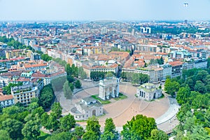 Aerial view of Arco della Pace in Italian city Milano