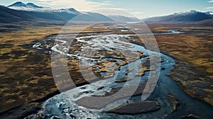 Aerial View Of Arctic River: Dark Cyan And Light Amber Landscape