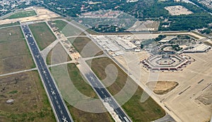 aerial view of areal of former Berlin Tegel Airport with big tents as Refugee accommodation