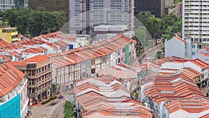 Aerial view of art deco shophouses along Neil road in Chinatown area timelapse