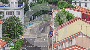 Aerial view of art deco shophouses along Neil road in Chinatown area timelapse