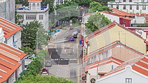 Aerial view of art deco shophouses along Neil road in Chinatown area timelapse