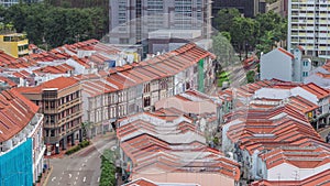 Aerial view of art deco shophouses along Neil road in Chinatown area timelapse