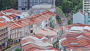 Aerial view of art deco shophouses along Neil road in Chinatown area timelapse