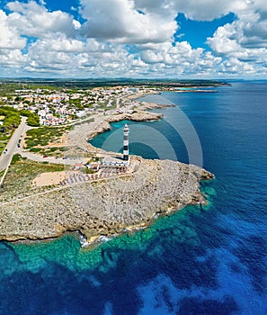 Aerial view of Artrutx Lighthouse at south coast of Menorca