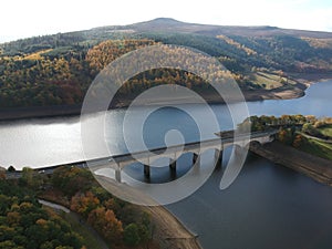 Aerial view of Ashopton viaduct and the Ladybower reservoir in Derbyshire