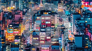 aerial view of asian city view of cityscape and buildings at night - Generative AI