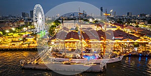 Aerial view of Asiatique The Riverfront open night market at the Chao Phraya river in Bangkok, Thailand