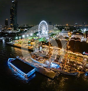 Aerial view of Asiatique The Riverfront open night market at the Chao Phraya river in Bangkok, Thailand