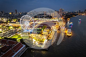 Aerial view of Asiatique The Riverfront open night market at the Chao Phraya river in Bangkok, Thailand