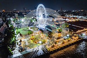 Aerial view of Asiatique The Riverfront open night market at the Chao Phraya river in Bangkok, Thailand