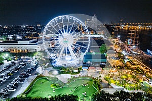 Aerial view of Asiatique The Riverfront open night market at the Chao Phraya river in Bangkok, Thailand