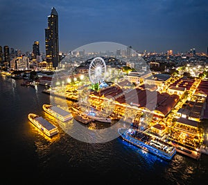 Aerial view of Asiatique The Riverfront open night market at the Chao Phraya river in Bangkok, Thailand