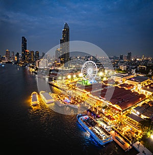 Aerial view of Asiatique The Riverfront open night market at the Chao Phraya river in Bangkok, Thailand