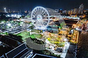 Aerial view of Asiatique The Riverfront open night market at the Chao Phraya river in Bangkok, Thailand