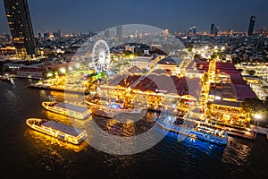 Aerial view of Asiatique The Riverfront open night market at the Chao Phraya river in Bangkok, Thailand