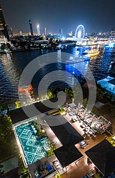 Aerial view of Asiatique The Riverfront open night market at the Chao Phraya river in Bangkok, Thailand