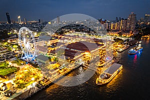 Aerial view of Asiatique The Riverfront open night market at the Chao Phraya river in Bangkok, Thailand