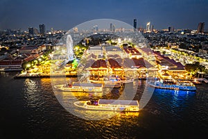 Aerial view of Asiatique The Riverfront open night market at the Chao Phraya river in Bangkok, Thailand