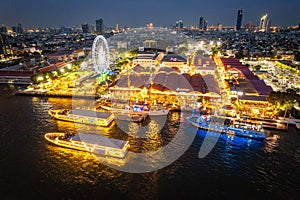 Aerial view of Asiatique The Riverfront open night market at the Chao Phraya river in Bangkok, Thailand