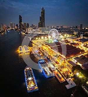 Aerial view of Asiatique The Riverfront open night market at the Chao Phraya river in Bangkok, Thailand