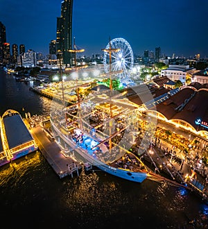 Aerial view of Asiatique The Riverfront open night market at the Chao Phraya river in Bangkok, Thailand