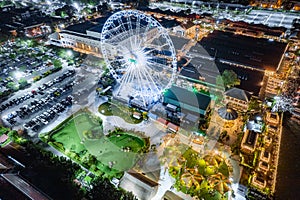 Aerial view of Asiatique The Riverfront open night market at the Chao Phraya river in Bangkok, Thailand