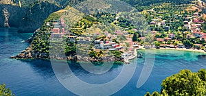 Aerial view of the Asos village from the Venetian Castle Ruins. Colorful spring seascape of Ionian Sea. Picturesque outdoor scene